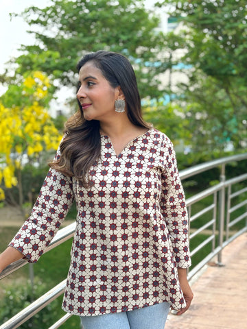 Beige & Maroon Printed Designer Kurta