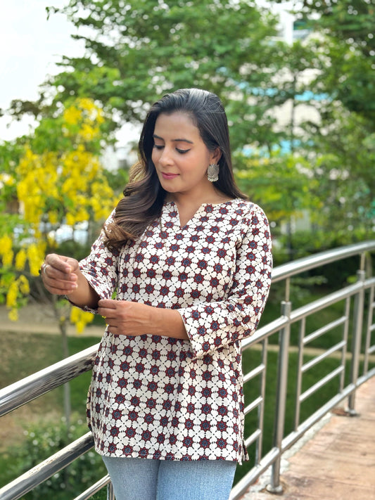 Beige & Maroon Printed Designer Kurta