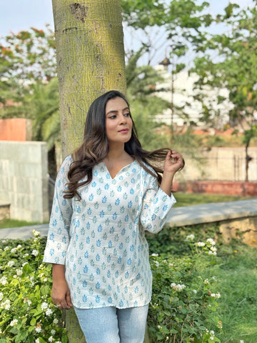 Aqua Floral Printed Designer Kurta