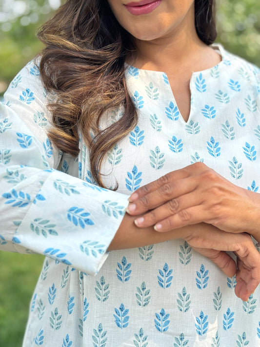 Aqua Floral Printed Designer Kurta