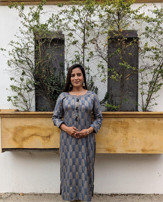Grey Rayon Metallic Print Designer Kurta