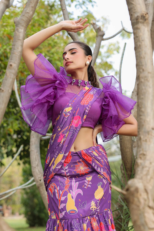 Multi tiered Silk Crepe Pre Draped Designer Saree with Ruffled Blouse