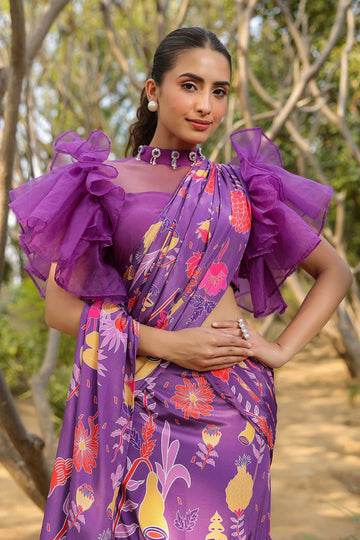 Multi tiered Silk Crepe Pre Draped Designer Saree with Ruffled Blouse