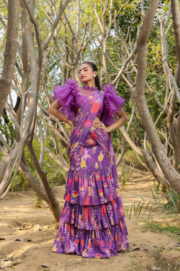 Multi tiered Silk Crepe Pre Draped Designer Saree with Ruffled Blouse