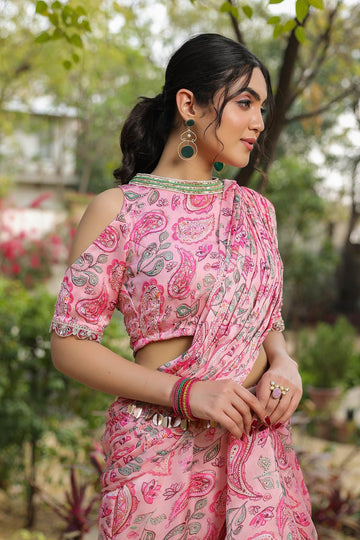 Rose Pink Paisley printed Satin Georgette Predraped Designer Sharara Saree