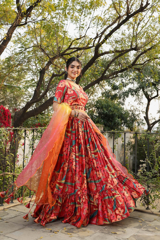 Cherry Red & Yellow Printed Satin Designer Lehenga set