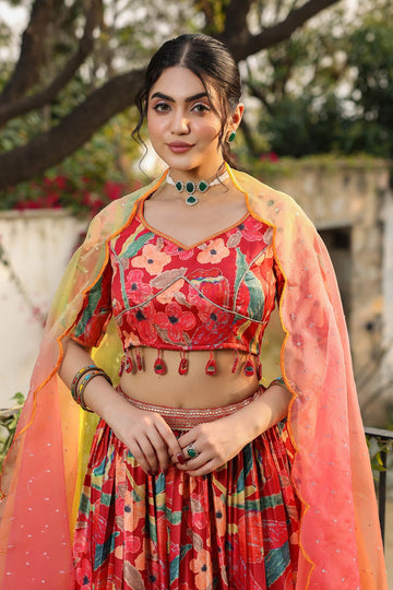 Cherry Red & Yellow Printed Satin Designer Lehenga set