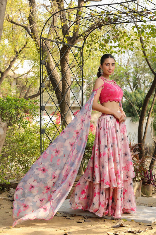 Carnation Pink & Aqua Multilayered Dola Silk Designer Lehenga Set