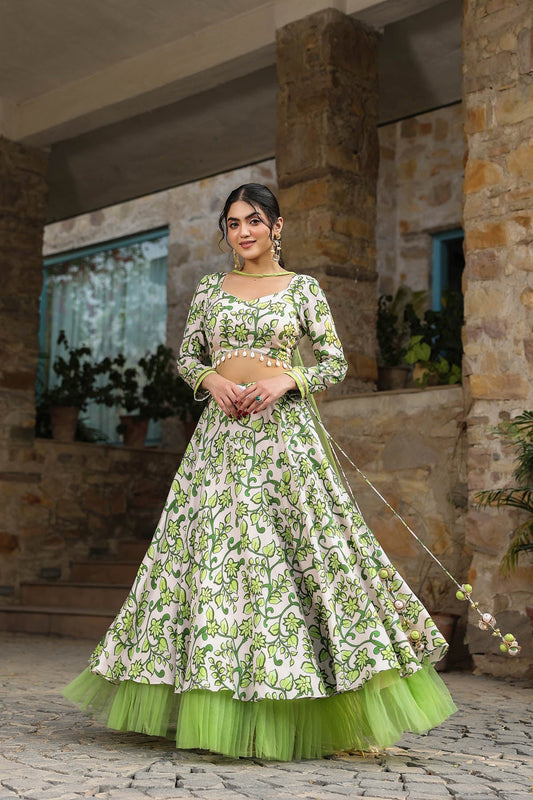 Green & Beige Linen Satin Designer Lehenga set with Attached Dupatta
