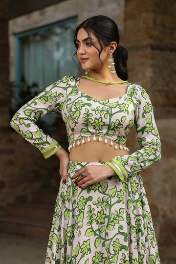 Green & Beige Linen Satin Designer Lehenga set with Attached Dupatta