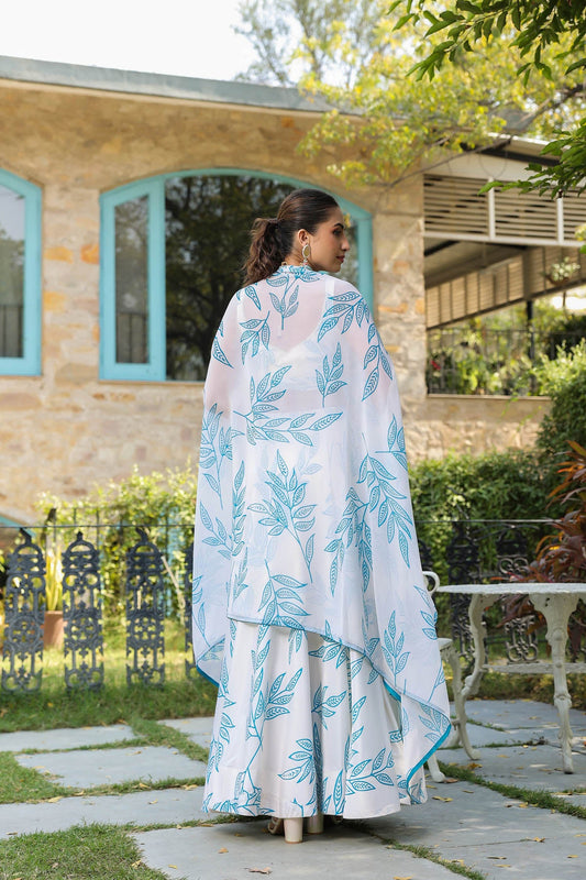 White & Teal Designer Lehenga Set with Cape