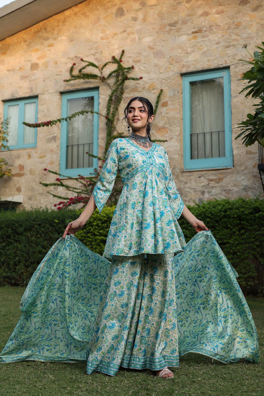 Green Blue Tussar Designer Sharara Set