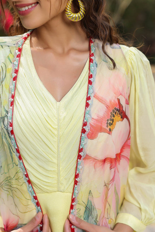 Yellow Chinon Designer Gown With Silver Chiffon Jacket