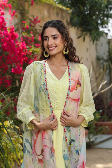 Yellow Chinon Designer Gown With Silver Chiffon Jacket