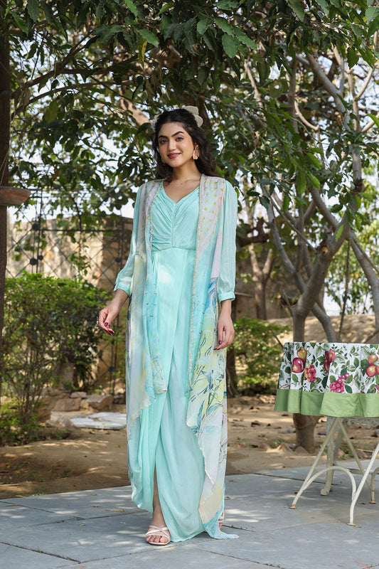 Aqua Chinon Designer Gown With Silver Chiffon Jacket