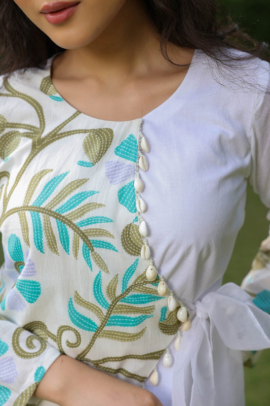 White And Teal Cotton Tunic Pant Set