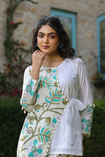 White And Teal Cotton Tunic Pant Set