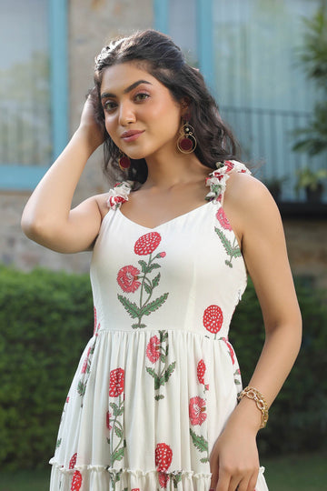 White Mughal Buta Cotton Printed Dress