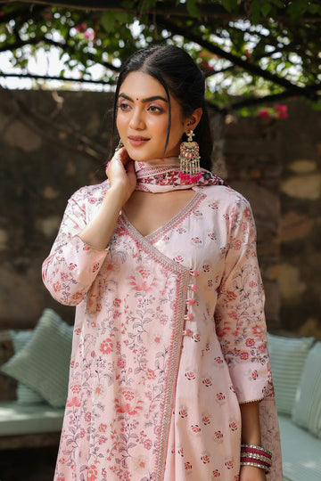 Baby Pink Cotton Angrakha Style Dupatta Designer Suit Set