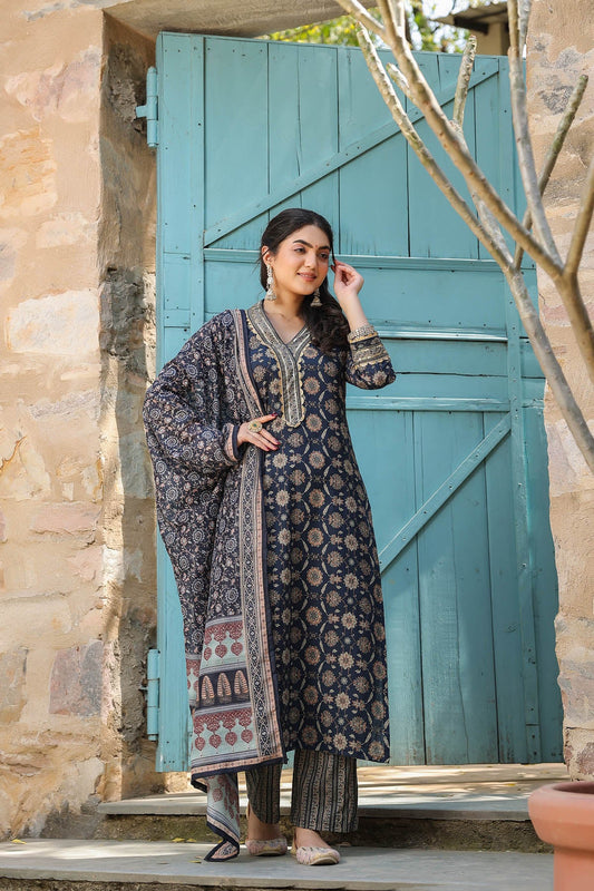 Cobalt Blue Cotton Heavy Gold Print Dupatta Designer Suit Set