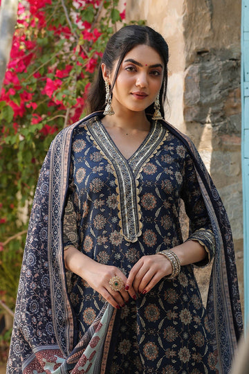 Cobalt Blue Cotton Heavy Gold Print Dupatta Designer Suit Set