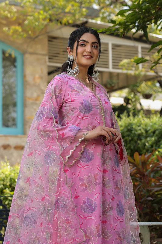 Pink Georgette Designer Suit Set With Organza Dupatta