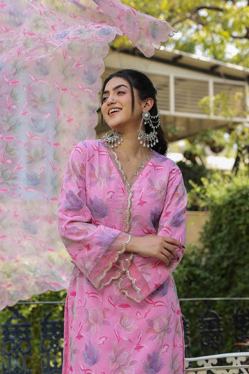 Pink Georgette Designer Suit Set With Organza Dupatta