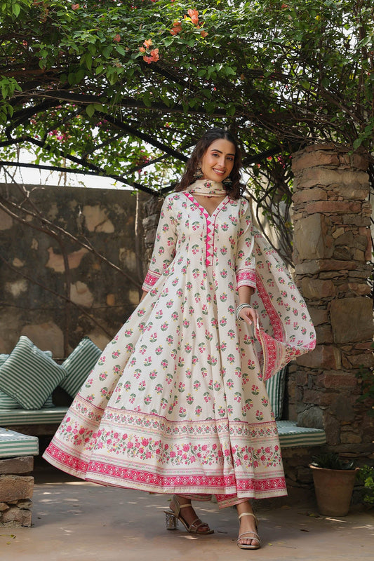 White & Hot Pink Cotton Anarkali Set