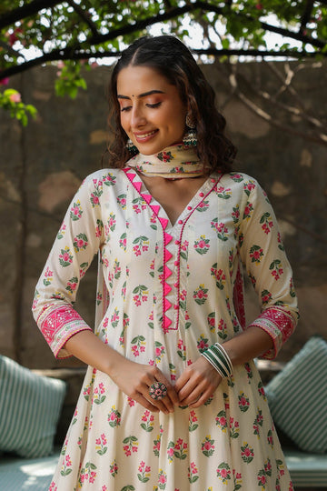 White & Hot Pink Cotton Anarkali Set