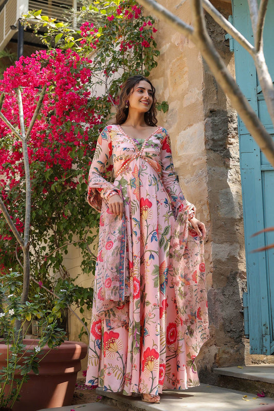 Peach Linen Satin Designer Anarkali Set