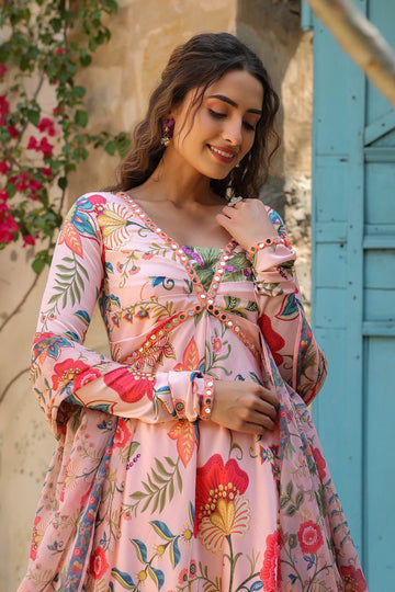 Peach Linen Satin Designer Anarkali Set