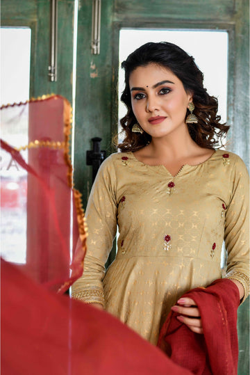 3 Piece Off Centre Open Anarkali with Pants and Kota Doria Dupatta