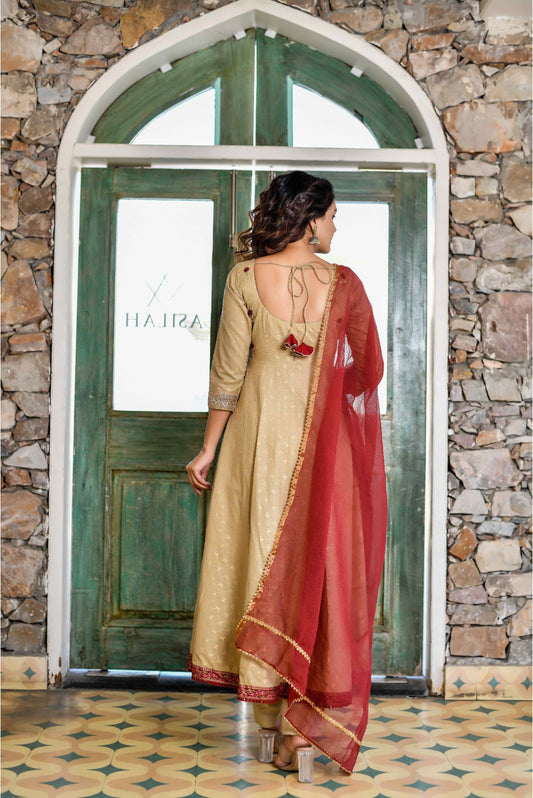 3 Piece Off Centre Open Anarkali with Pants and Kota Doria Dupatta
