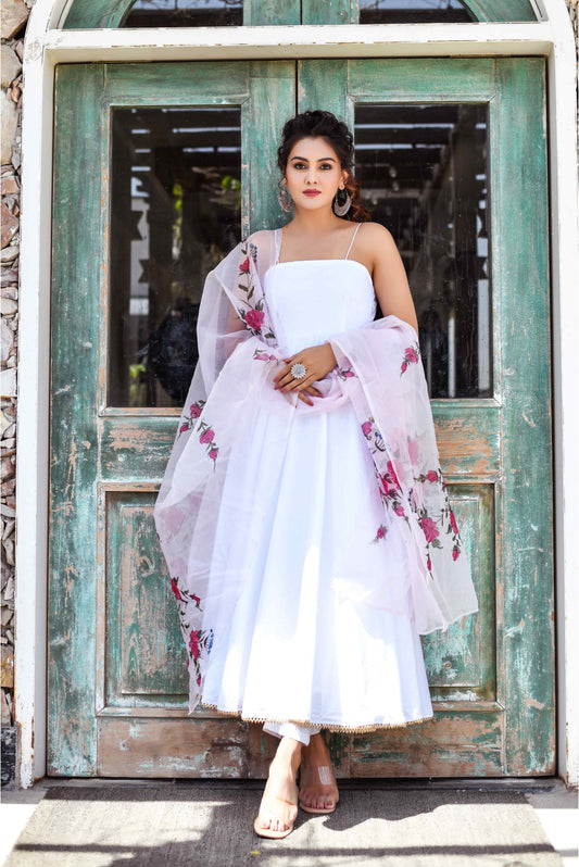Starwhite Anarkali With Floral Hand Painted Organza Dupatta