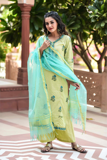 3 Piece Classic Caterpillar Green Designer Kurta & Pants Accompanied With Our Jade Blue Organza Dupatta