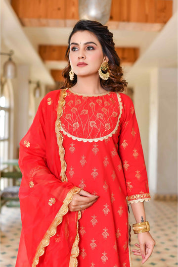 Cherry Red 3-Piece Short Designer Sharara Designer Kurta & Dupatta Set