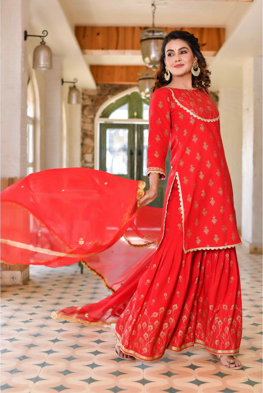 Cherry Red 3-Piece Short Designer Sharara Designer Kurta & Dupatta Set