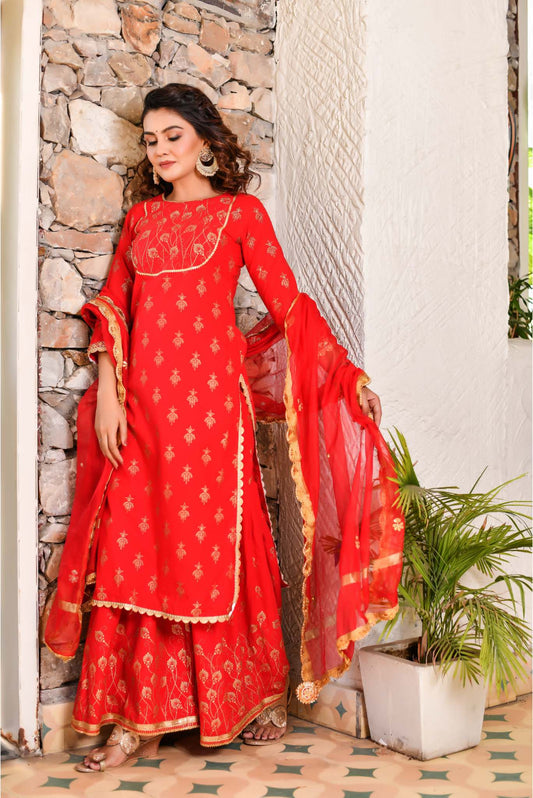 Cherry Red 3-Piece Short Designer Sharara Designer Kurta & Dupatta Set