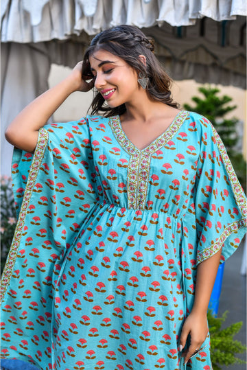 Teal Printed Designer Kaftan & Peach Pant Sets