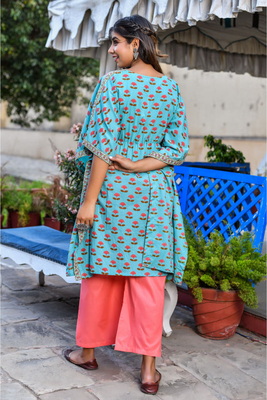 Teal Printed Designer Kaftan & Peach Pant Sets