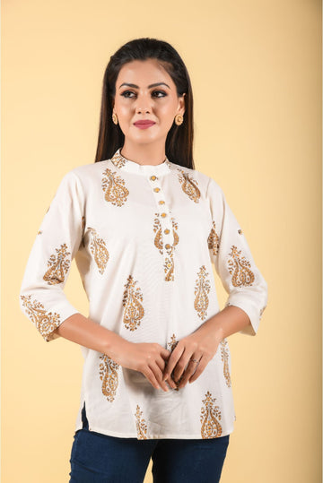 Off White Hand Block Printed Cotton Shirt