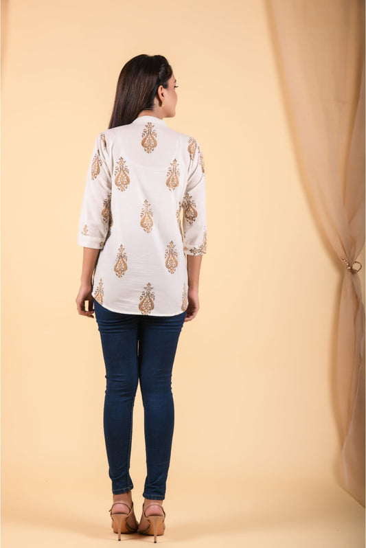Off White Hand Block Printed Cotton Shirt