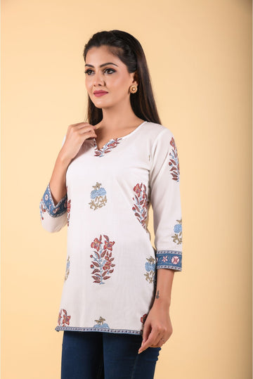 Off White Floral Designer Top Hand Block Floral Printed Shirt