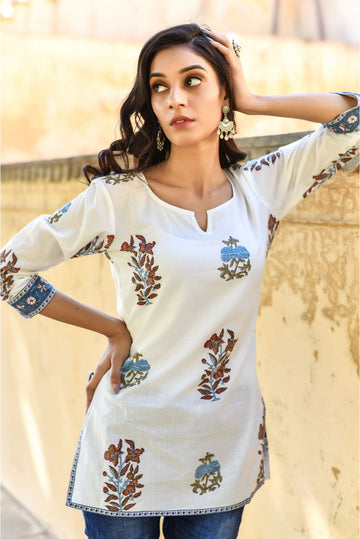 Off White Floral Designer Top Hand Block Floral Printed Shirt