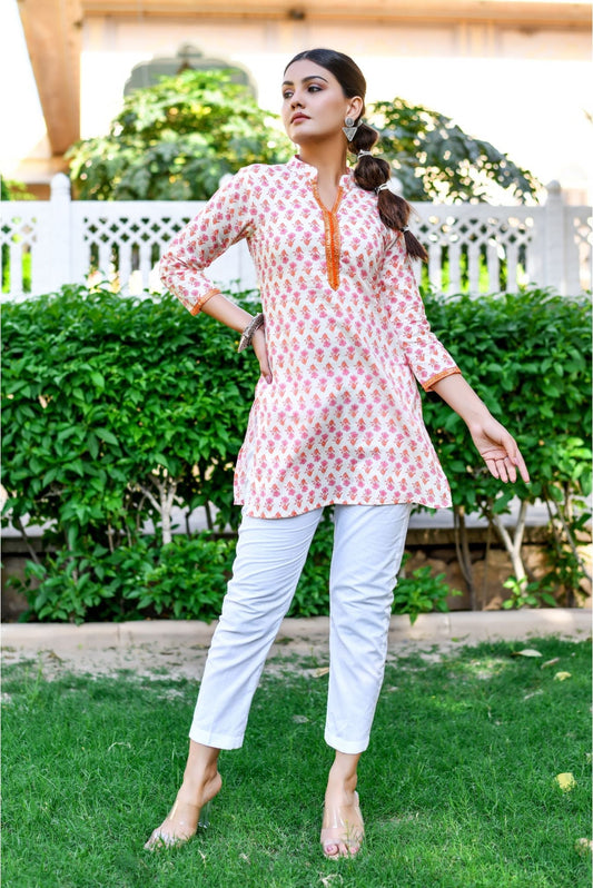 Cream And Orange Cotton Floral Print Designer Kurta With Pants