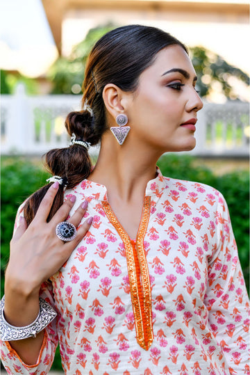 Cream And Orange Cotton Floral Print Designer Kurta With Pants