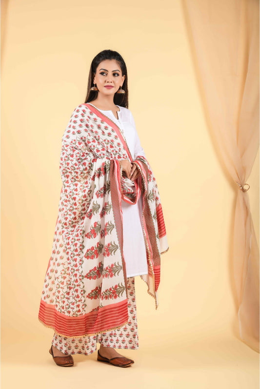 Snow White Designer Kurta With Scarlett Red Printed Dupatta - Designer Suit Set