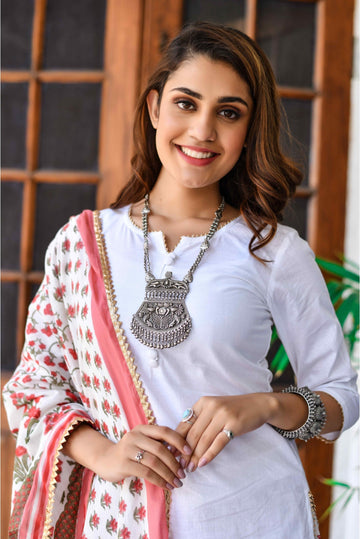 Snow White Designer Kurta With Scarlett Red Printed Dupatta - Designer Suit Set