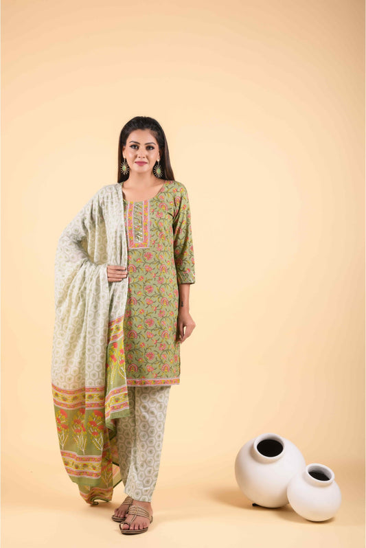 3 Piece Asparagus Green And Chanderi Multi-Printed Designer Suit Set