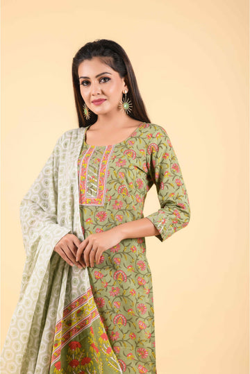 3 Piece Asparagus Green And Chanderi Multi-Printed Designer Suit Set